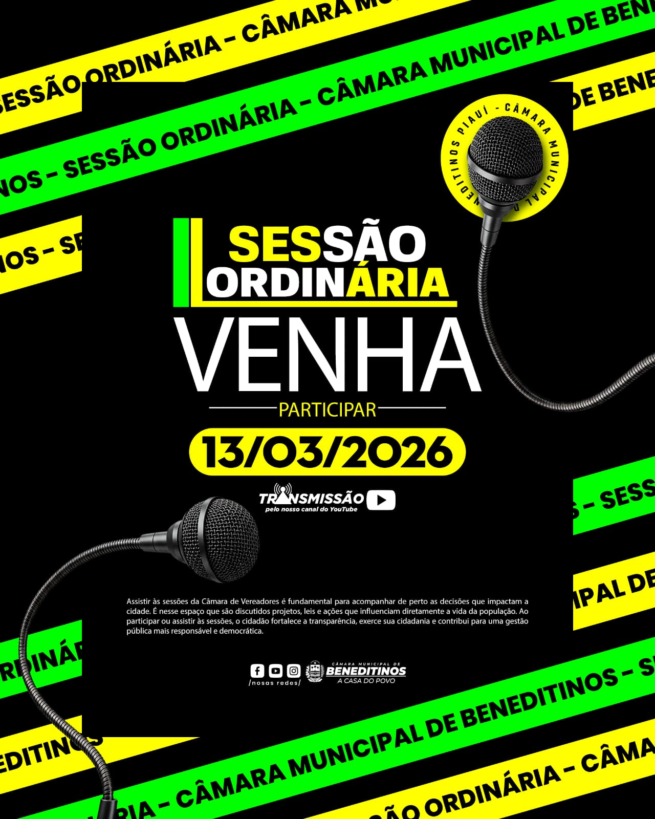 Câmara Municipal convida população para acompanhar a 2ª Sessão Ordinária de 2026.