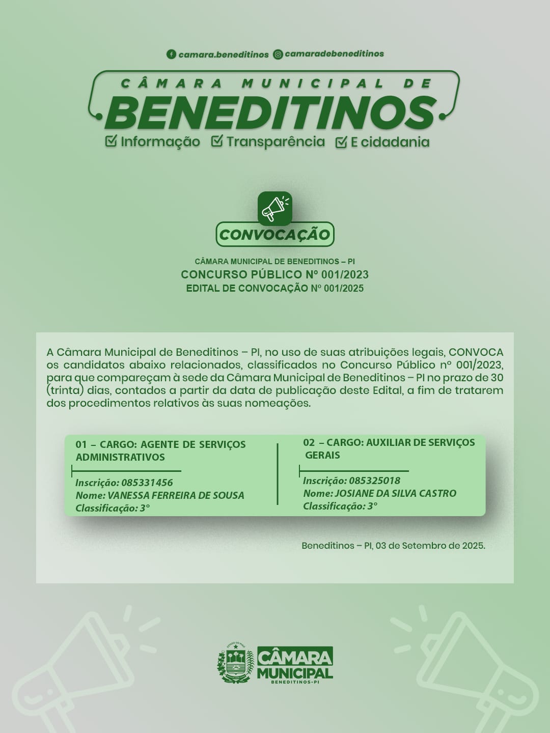 Edital de Convocação Nº 001/2025 (Referente ao Concurso Público de N° 01/2023).